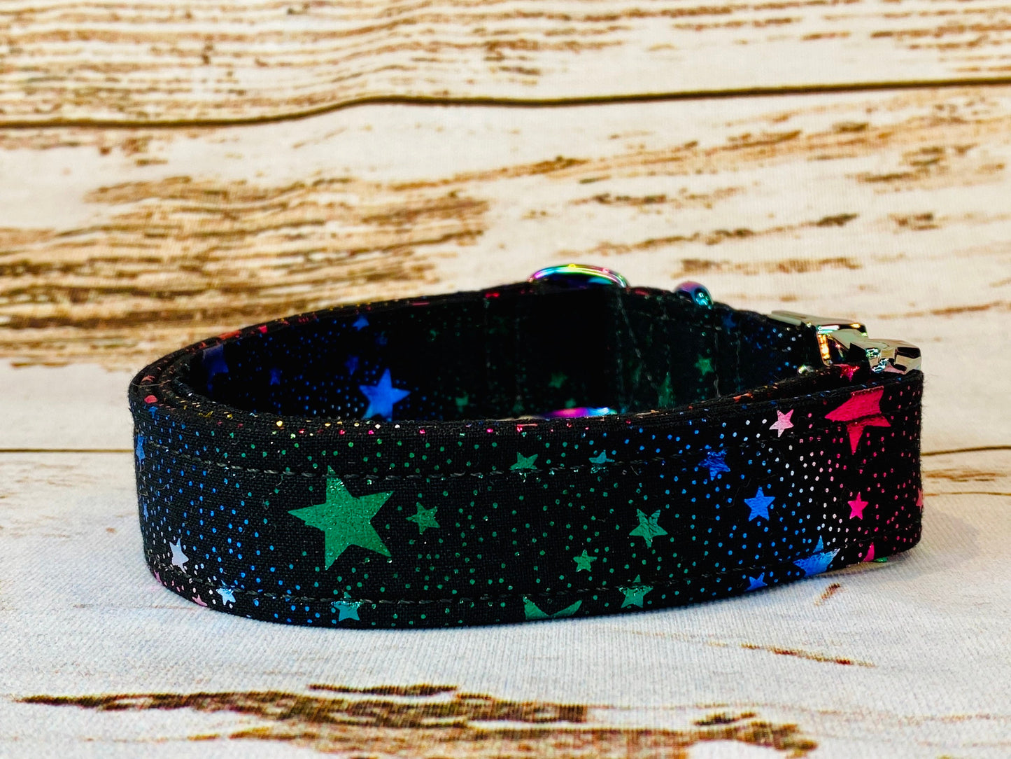 Dog Collar, adjustable dog collar, star dog collar, metal buckle, neo chrome, buckle dog collar, rainbow hardware, celebration stars