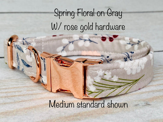 Dog Collar, adjustable collar, metal buckle, gray floral, floral dog collar, rose gold hardware, buckle dog collar, gray, rose gold, floral