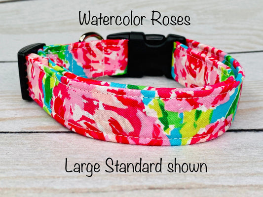 Watercolor floral dog collar, pink floral dog collar, blue, pink, bright color, adjustable collar, eco friendly, washable, dog collar girl