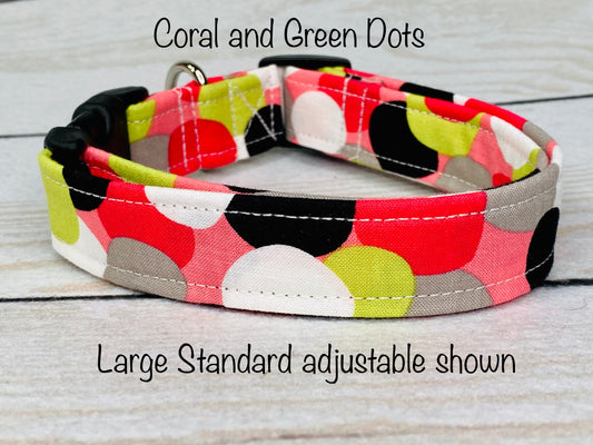 Dog Collar, boy dog collar, girl dog collar, martingale collar, adjustable collar, side release, polka dot, dot dog collar, coral, green