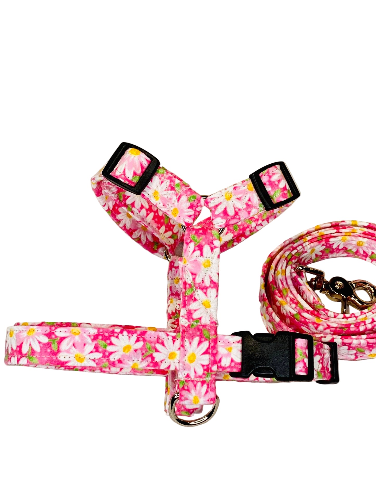 Dog harness, Harness and leash, step in harness, standard harness, dog harness set, adjustable, daisies, pink polka dots, daisy harness