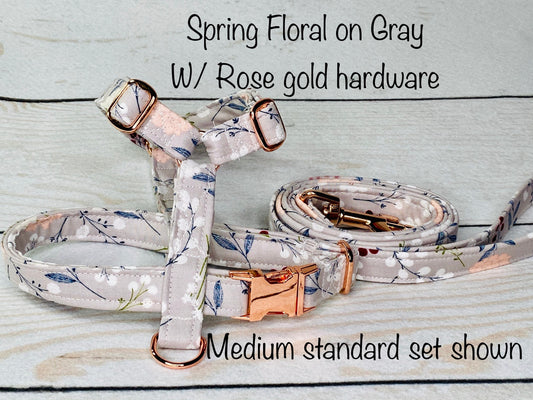Dog harness, Harness and leash, step in harness, standard harness, dog harness set, rose gold, rose gold hardware, floral, gray rose gold