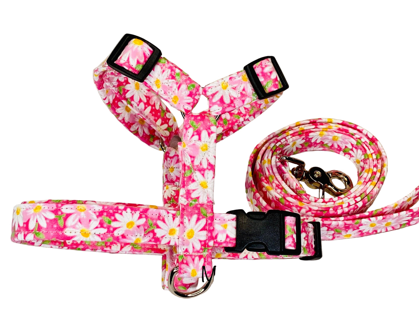 Dog harness, Harness and leash, step in harness, standard harness, dog harness set, adjustable, daisies, pink polka dots, daisy harness