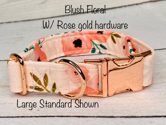 Dog Collar, adjustable collar, metal buckle, pink floral, floral dog collar, rose gold hardware, buckle dog collar, blush pink, rose gold