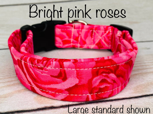 Pink roses dog collar, girl dog collar, bright pink, side release collar, adjustable, washable, fabric dog collar, floral dog collar, pink
