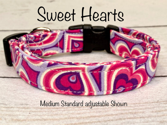 Heart dog collar, girl dog collar, pink, purple, hearts, side release collar, adjustable collar, washable dog collar, fabric dog collar,