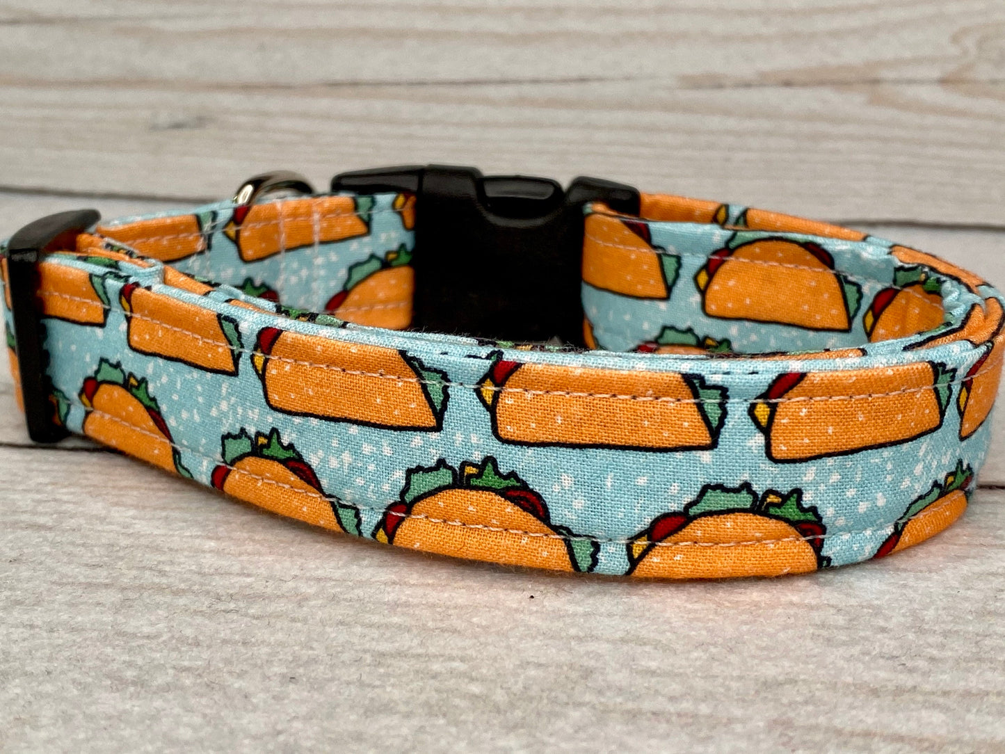 Taco dog collar, food dog collar, funny dog collar, side release collar, adjustable dog collar, washable, fabric dog collar, blue, tacos,