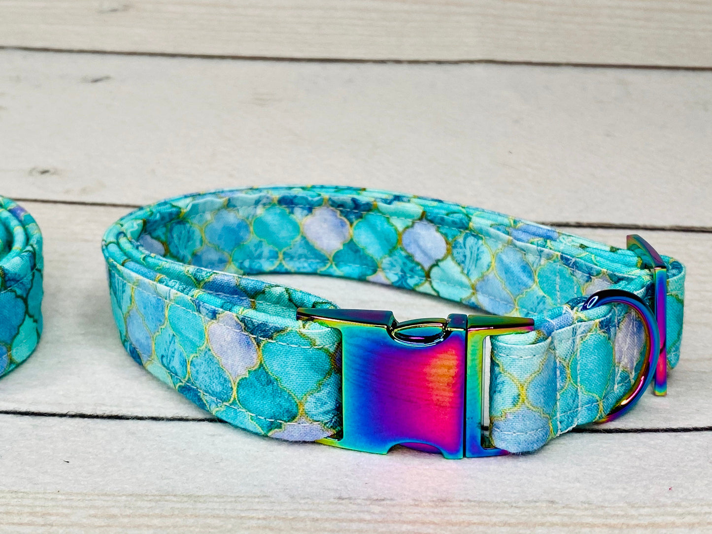 Dog Collar, adjustable dog collar, mermaid dog collar, metal buckle, neo chrome, buckle dog collar, rainbow hardware, collar and leash set
