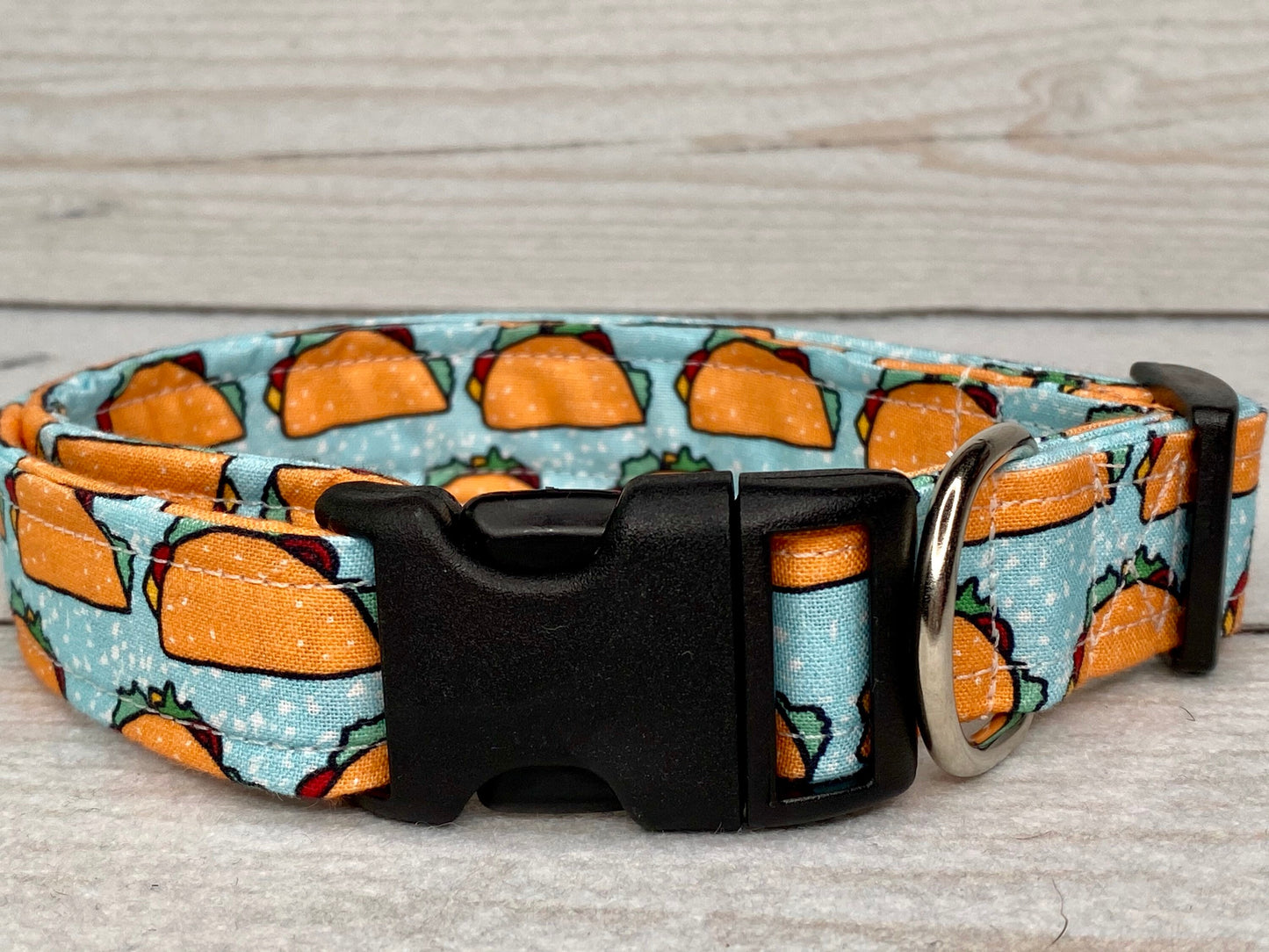 Taco dog collar, food dog collar, funny dog collar, side release collar, adjustable dog collar, washable, fabric dog collar, blue, tacos,