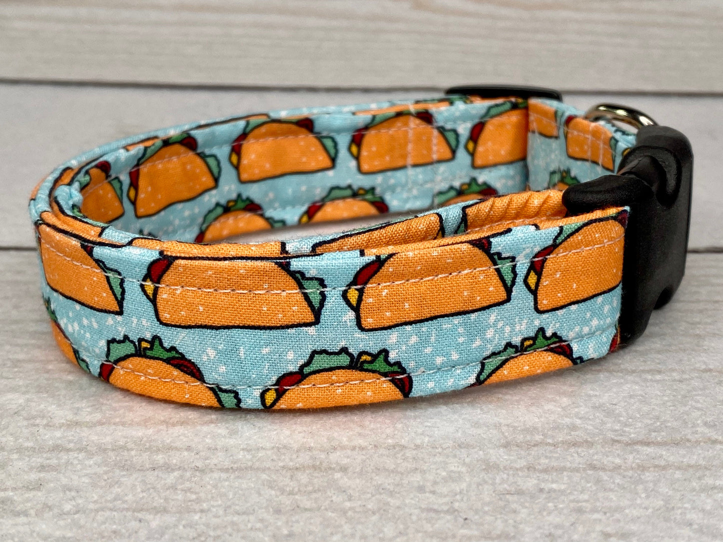 Taco dog collar, food dog collar, funny dog collar, side release collar, adjustable dog collar, washable, fabric dog collar, blue, tacos,