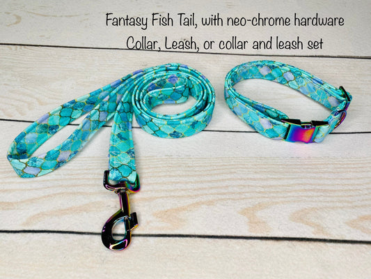 Dog Collar, adjustable dog collar, mermaid dog collar, metal buckle, neo chrome, buckle dog collar, rainbow hardware, collar and leash set