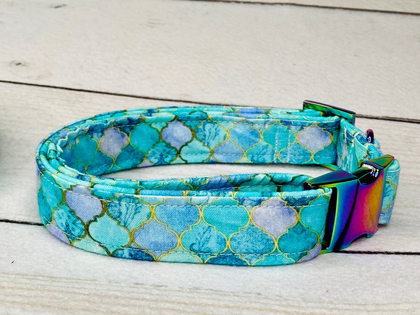 Dog Collar, adjustable dog collar, mermaid dog collar, metal buckle, neo chrome, buckle dog collar, rainbow hardware, collar and leash set