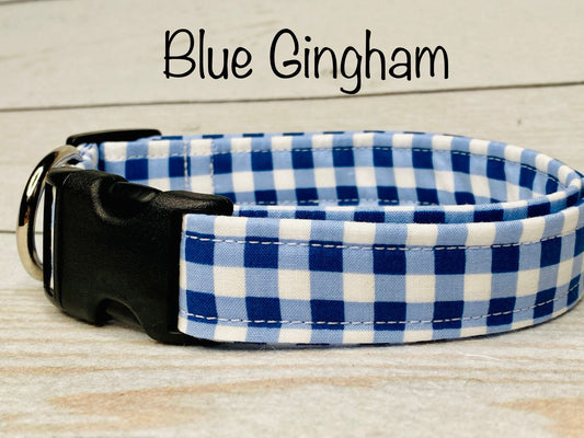 Blue and white gingham dog collar, plaid dog collar, adjustable collar, washable, side release, fabric collar, boy dog collar, blue plaid