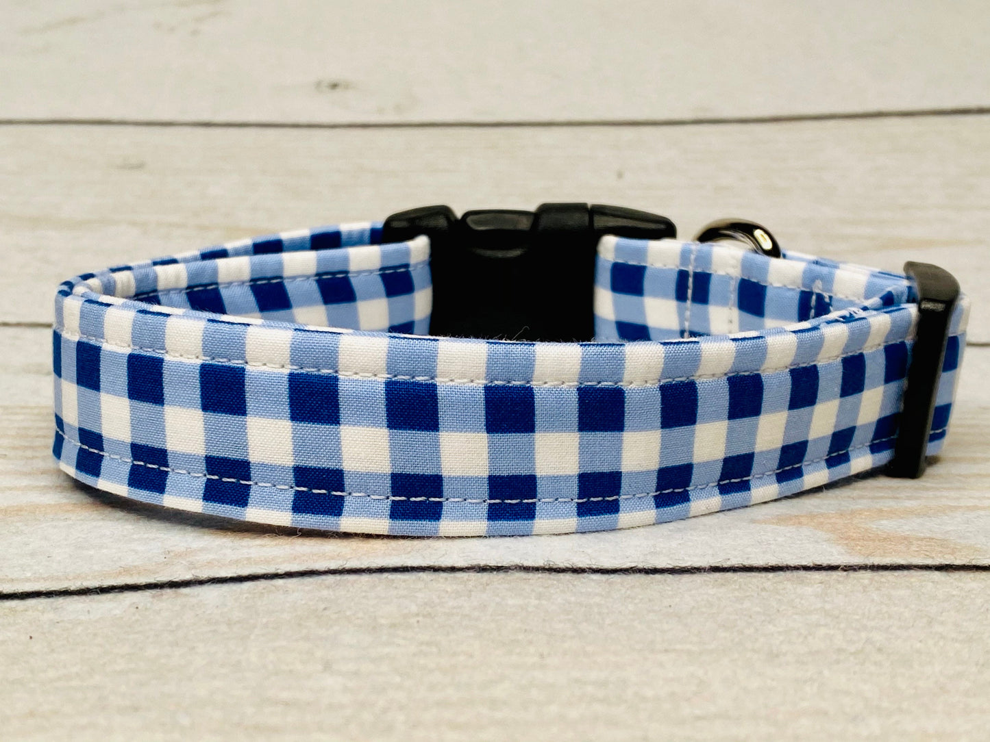 Blue and white gingham dog collar, plaid dog collar, adjustable collar, washable, side release, fabric collar, boy dog collar, blue plaid