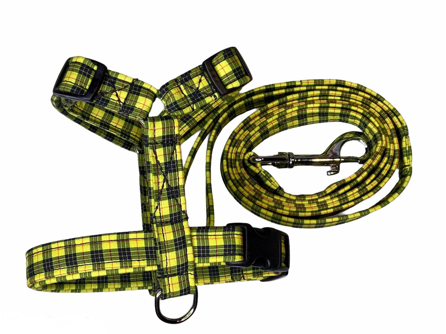 Dog harness, Harness and leash set, matching leash, step in harness, standard harness, plaid dog harness, plaid, yellow, standard Roman