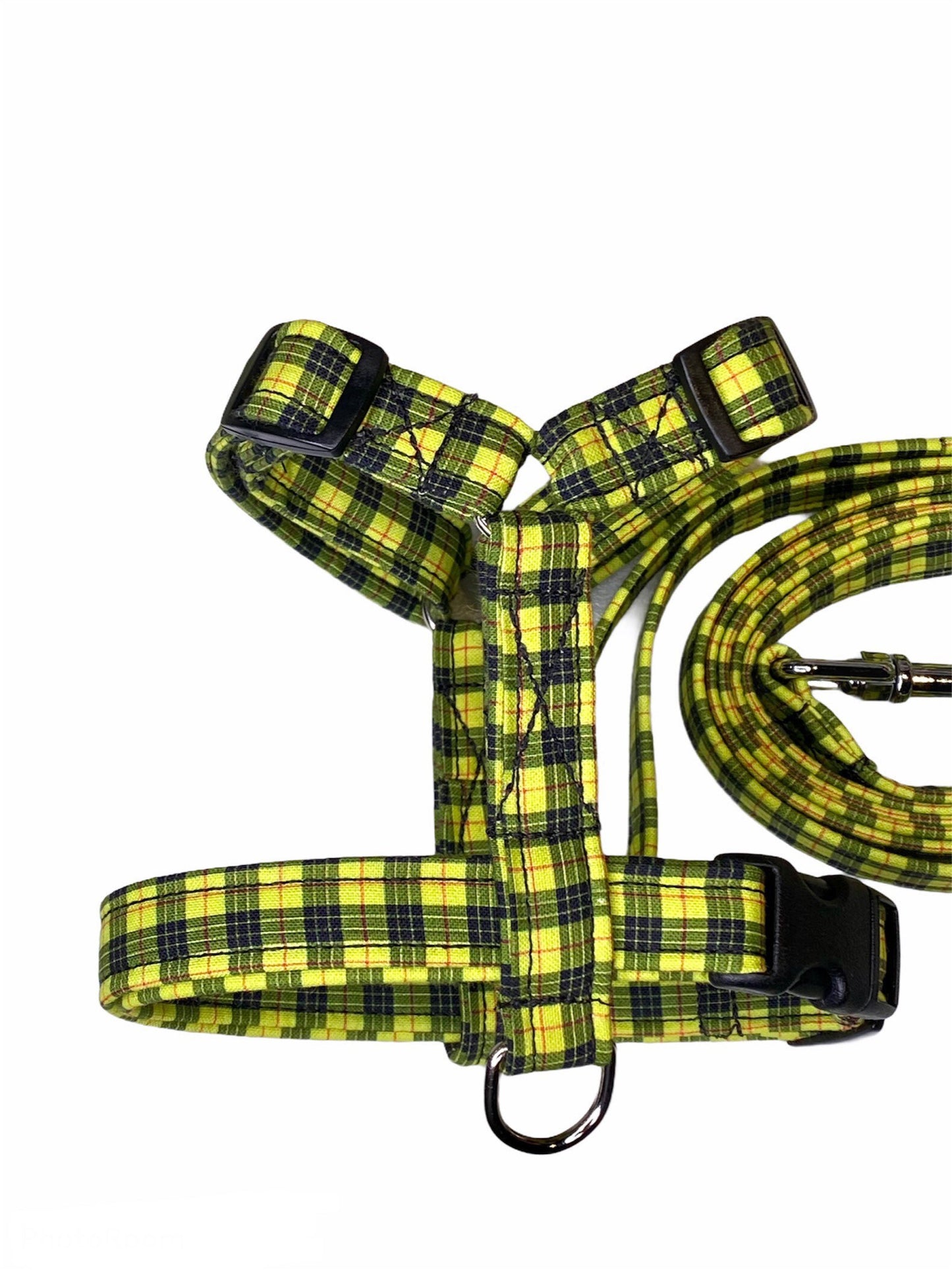 Dog harness, Harness and leash set, matching leash, step in harness, standard harness, plaid dog harness, plaid, yellow, standard Roman