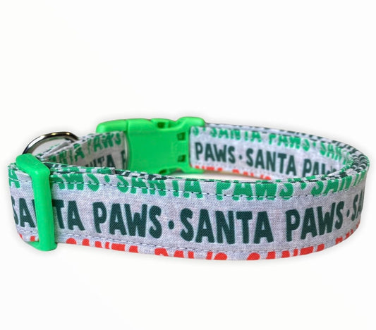Dog collar, Christmas dog collar, Santa paws dog collar, fabric dog collar, adjustable, nylon dog collar, green, red, Santa paws, Christmas