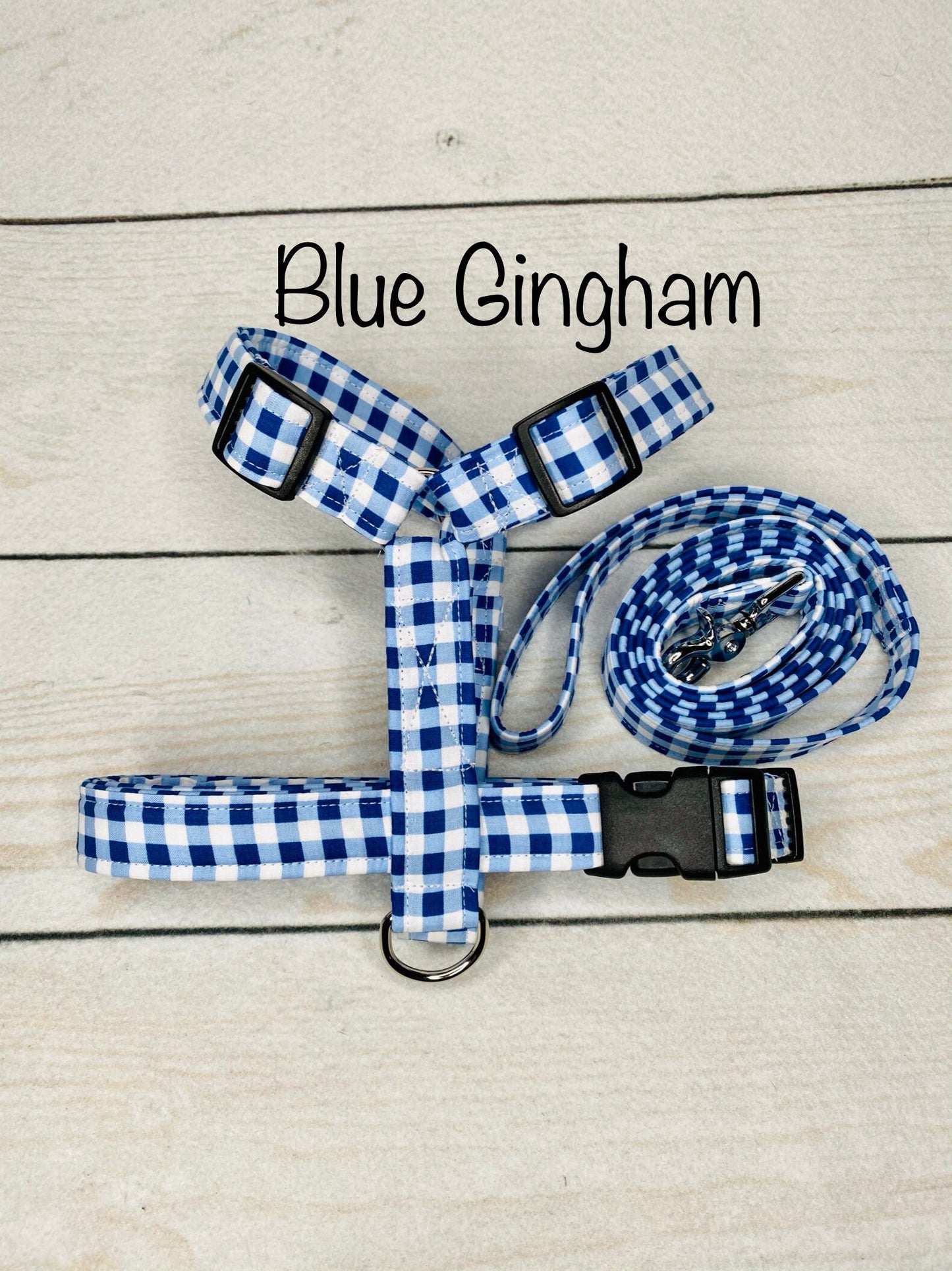 Blue and white gingham Dog harness and leash set, step in harness, standard harness, roman harness, dog harness set, gingham dog harness, blue gingham, plaid