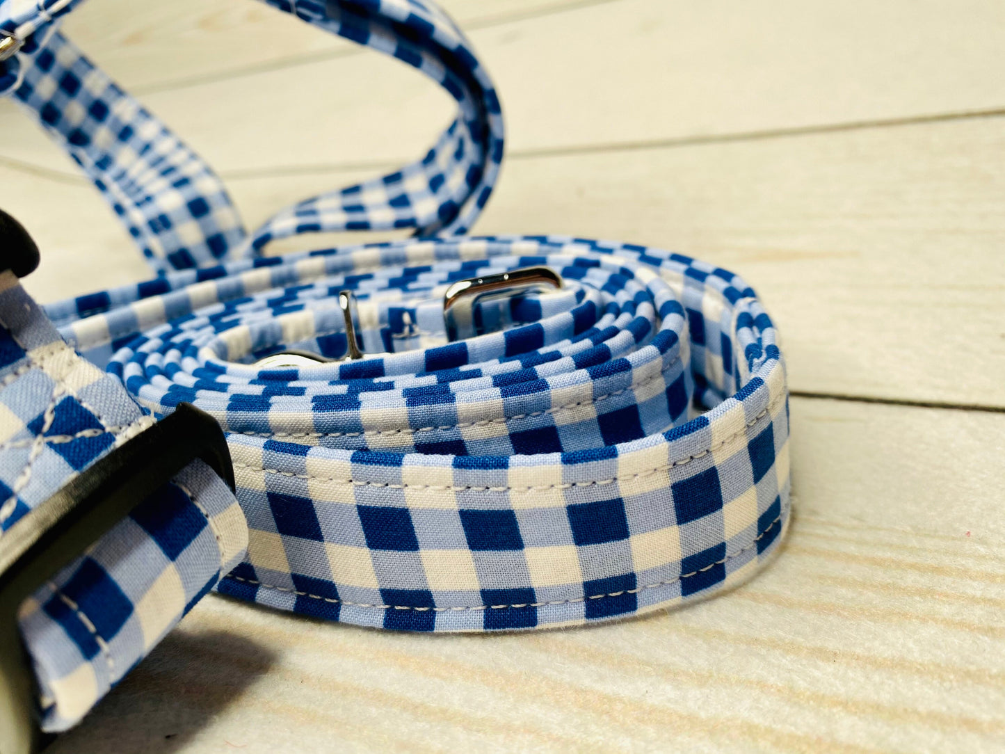 Blue and white gingham Dog harness and leash set, step in harness, standard harness, roman harness, dog harness set, gingham dog harness, blue gingham, plaid