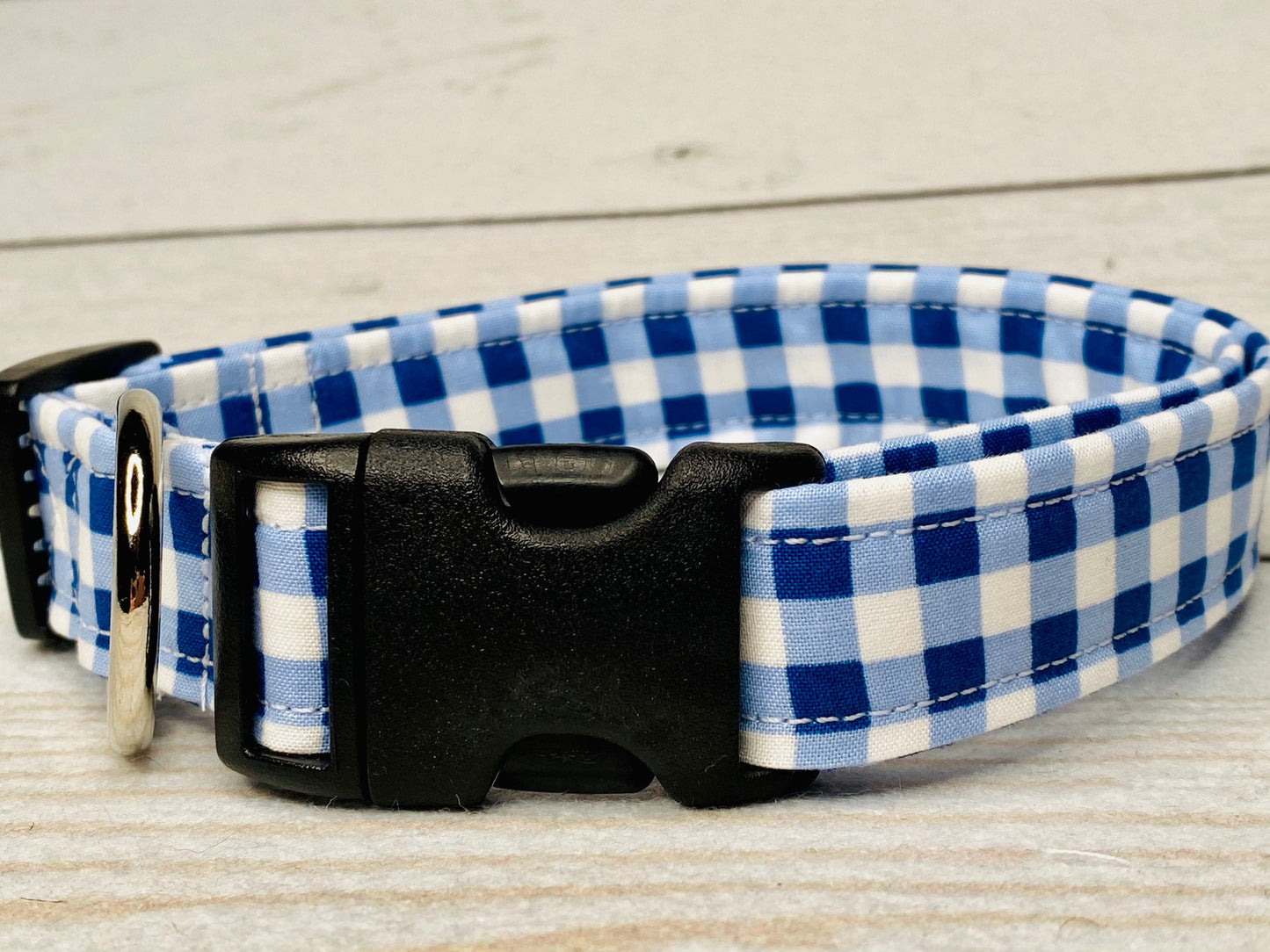 Blue and white gingham dog collar, plaid dog collar, adjustable collar, washable, side release, fabric collar, boy dog collar, blue plaid