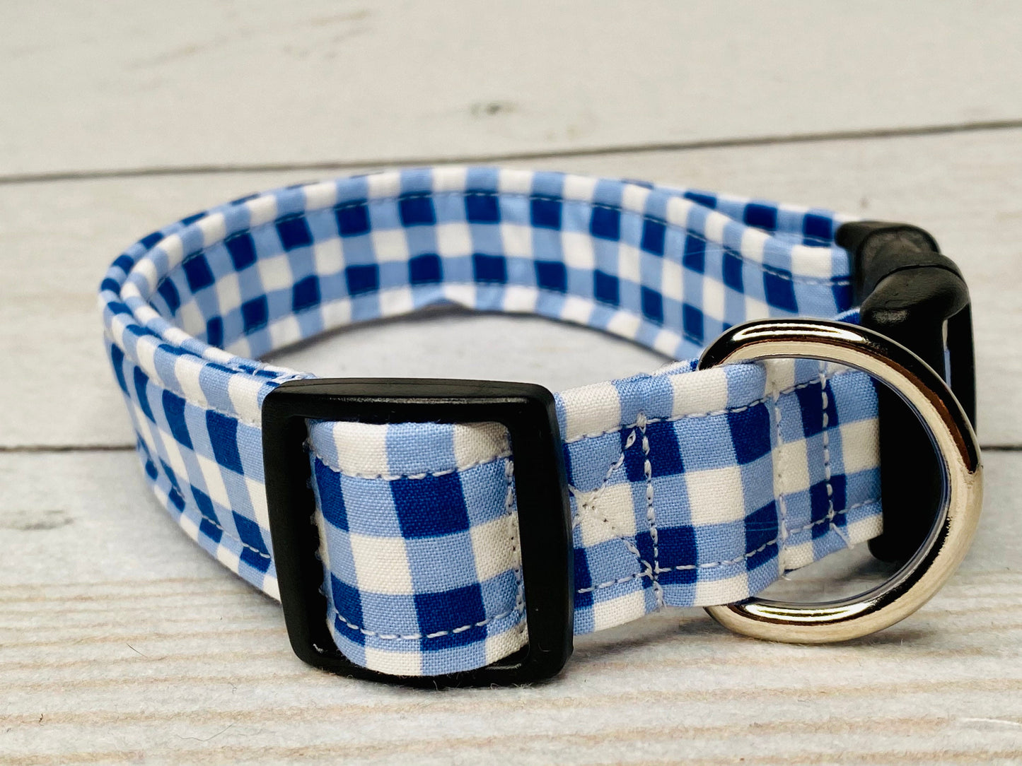 Blue and white gingham dog collar, plaid dog collar, adjustable collar, washable, side release, fabric collar, boy dog collar, blue plaid