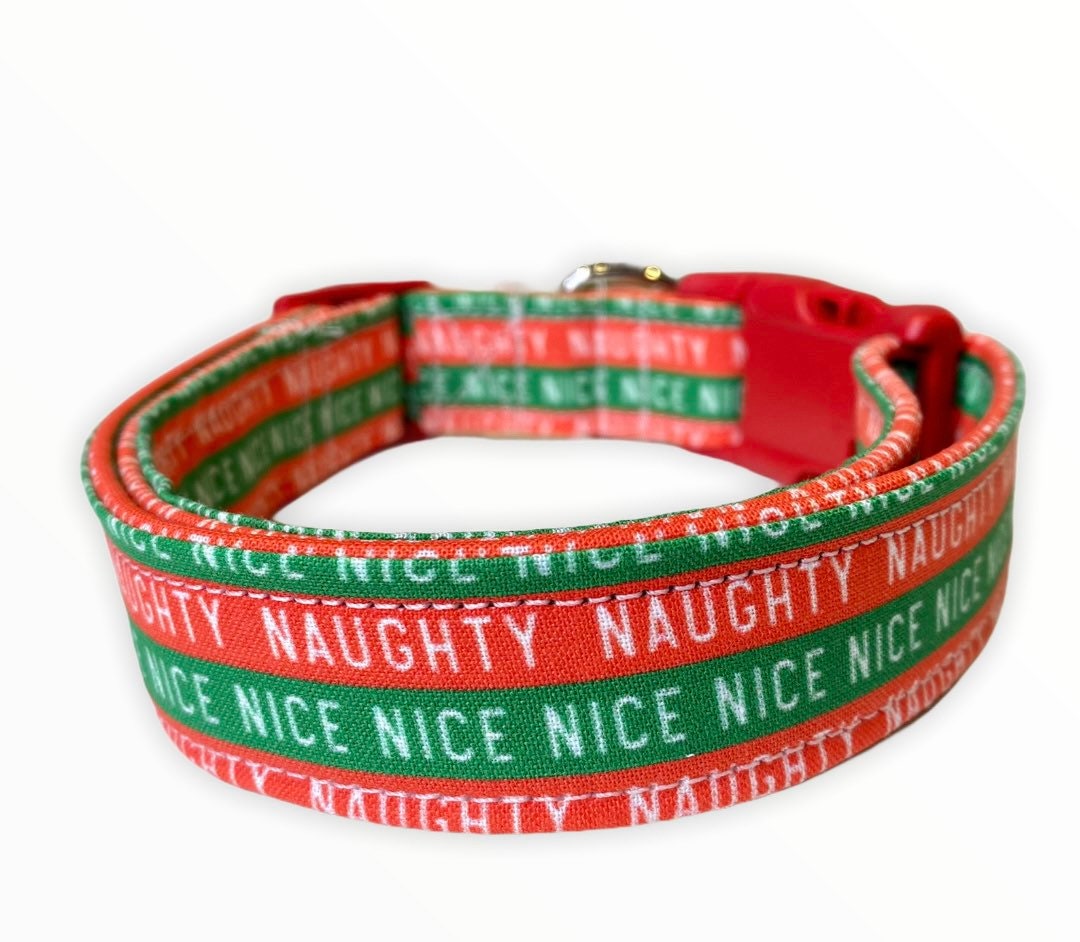 Dog collar, Christmas dog collar, nice dog collar, fabric dog collar, adjustable, nylon dog collar, naughty dog collar, naughty and nice