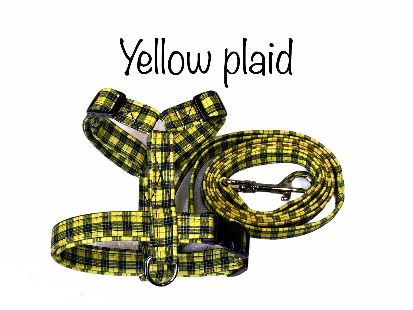 Dog harness, Harness and leash set, matching leash, step in harness, standard harness, plaid dog harness, plaid, yellow, standard Roman