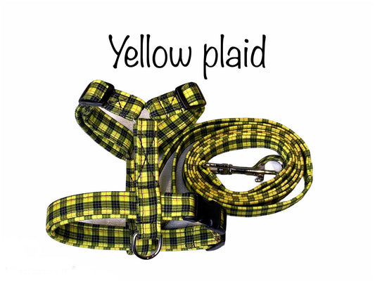 Dog harness, Harness and leash set, matching leash, step in harness, standard harness, plaid dog harness, plaid, yellow, standard Roman