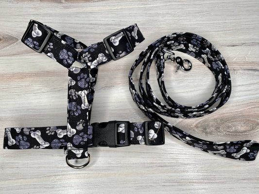Chrome bone dog harness and leash set, standard roman dog harness, step in dog harness, handmade dog harness, matching leash, black bone print