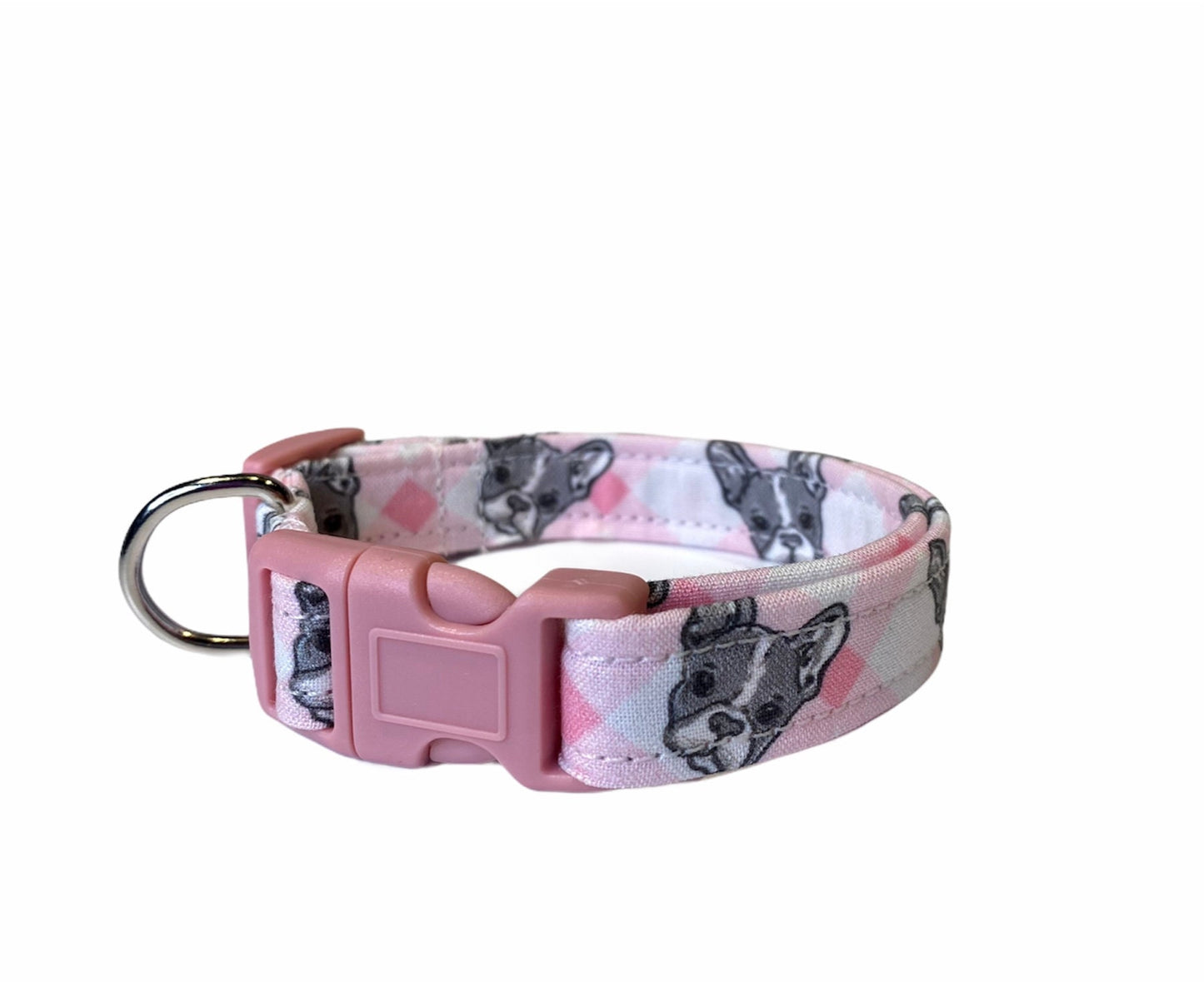Boston terrier dog collar, girl dog collar, pink, boston terrier, side release dog collar, adjustable, washable, eco friendly, pink plaid