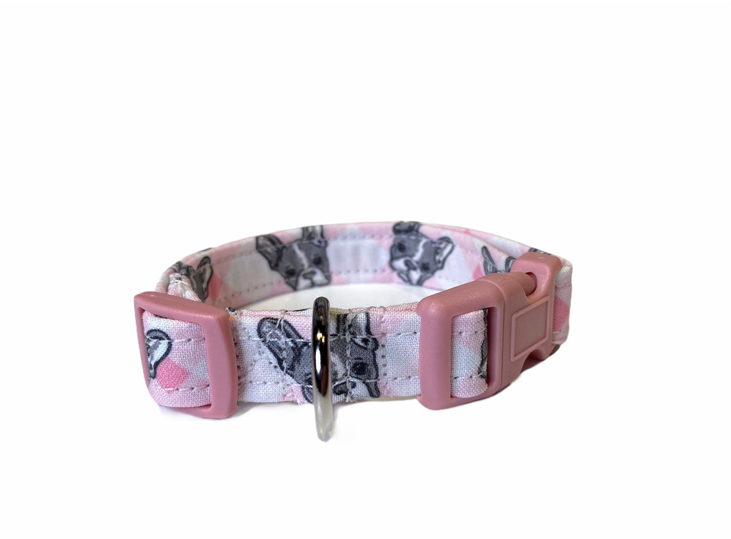 Boston terrier dog collar, girl dog collar, pink, boston terrier, side release dog collar, adjustable, washable, eco friendly, pink plaid