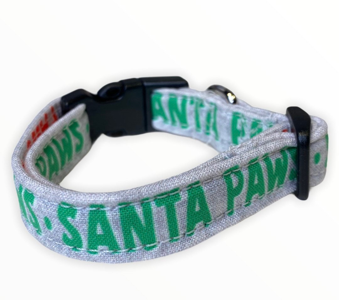 Dog collar, Christmas dog collar, Santa paws dog collar, fabric dog collar, adjustable, nylon dog collar, green, red, Santa paws, Christmas