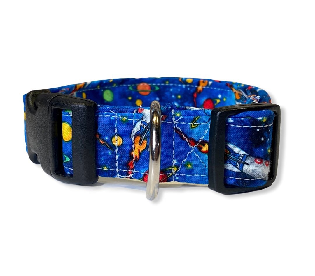 Dog Collar, boy dog collar, spaceship collar, adjustable collar, washable collar, sci fi dog collar, blue, spaceships, galaxy, space, aliens