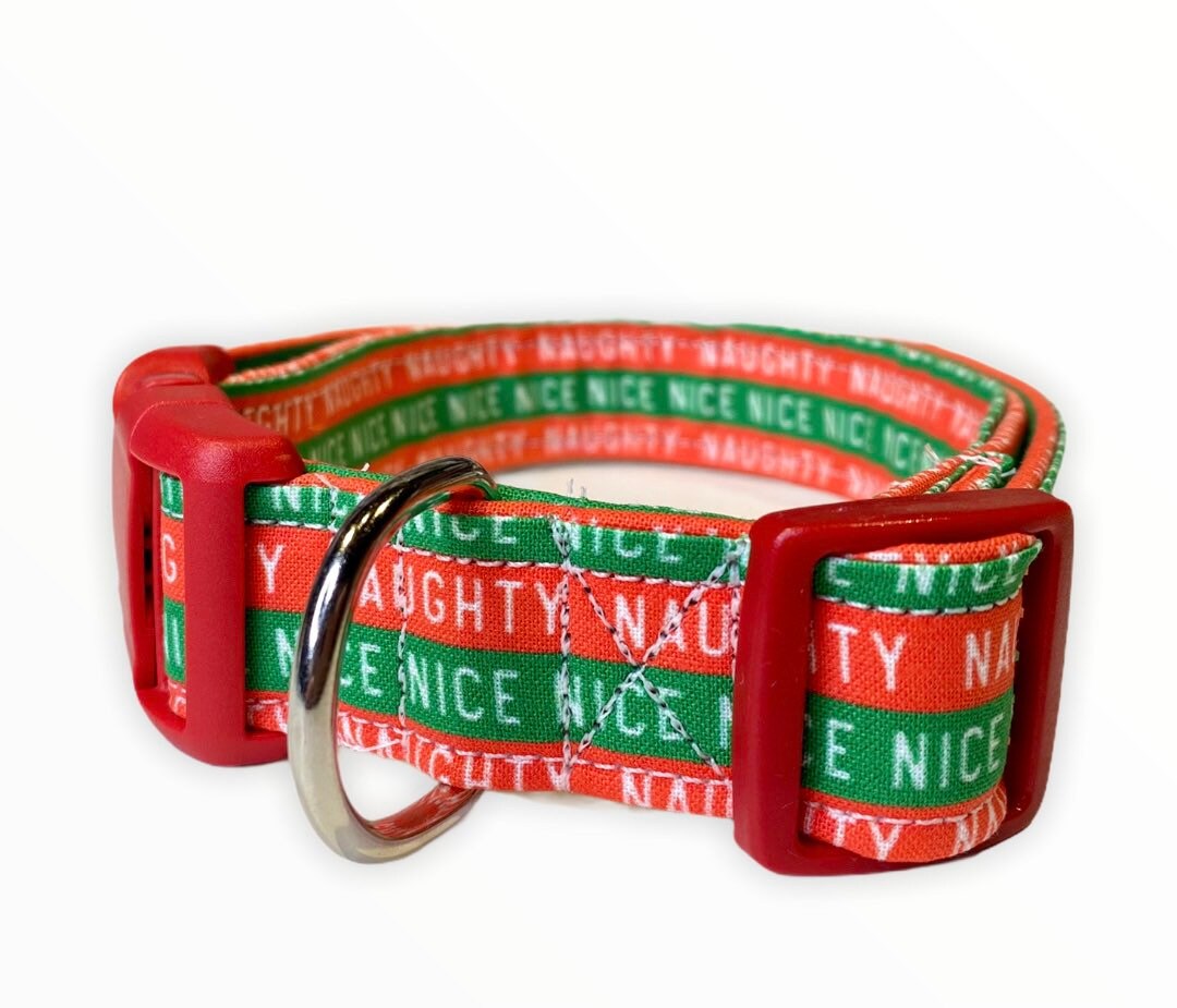 Dog collar, Christmas dog collar, nice dog collar, fabric dog collar, adjustable, nylon dog collar, naughty dog collar, naughty and nice