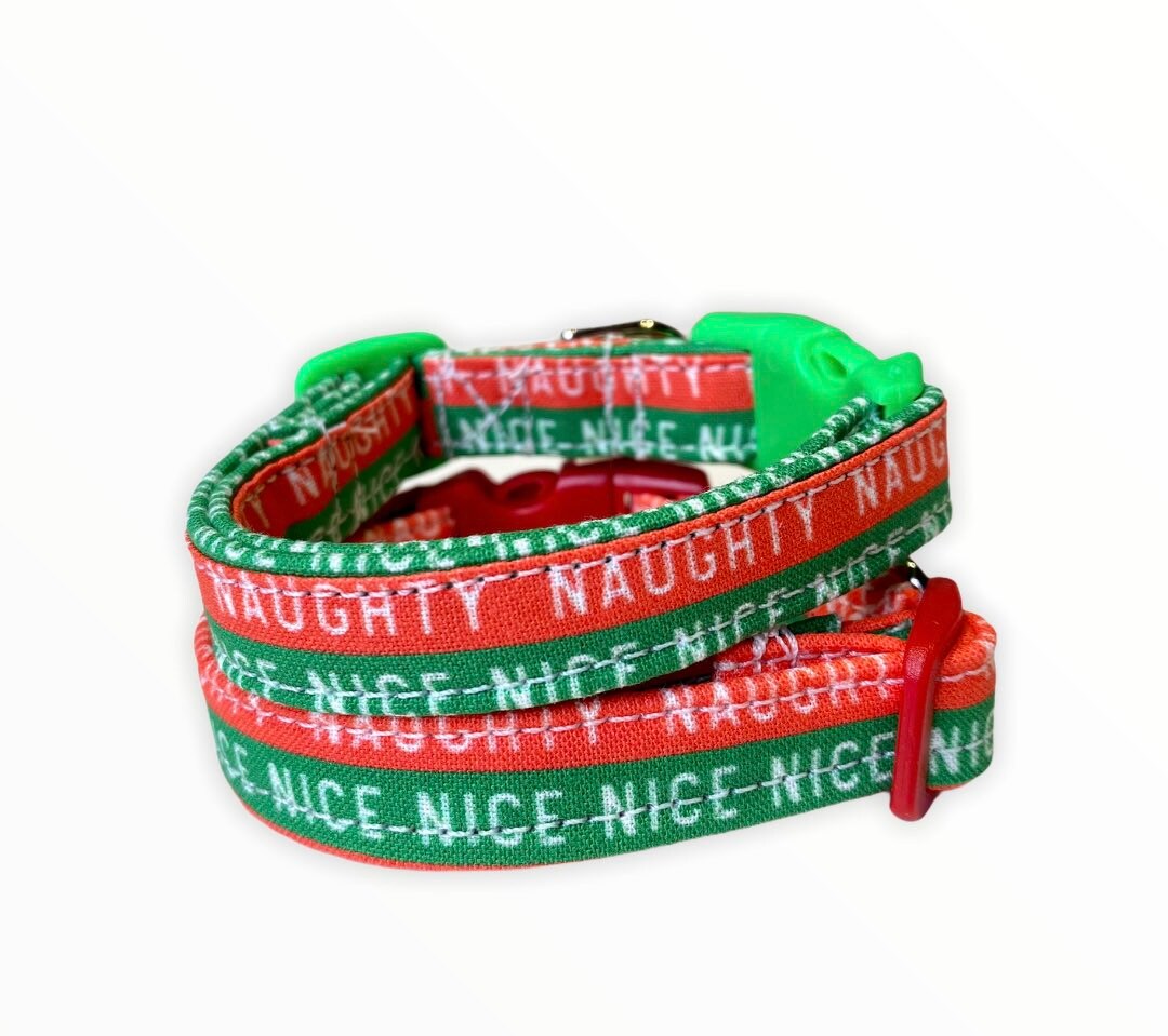 Dog collar, Christmas dog collar, nice dog collar, fabric dog collar, adjustable, nylon dog collar, naughty dog collar, naughty and nice