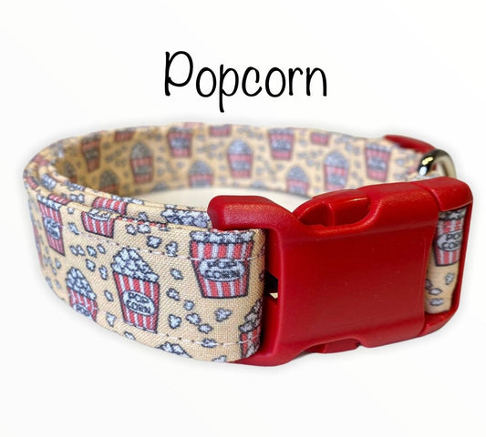 Dog collar, popcorn dog collar, yellow dog collar, fabric dog collar, adjustable, funny dog collar, unisex, popcorn, side release