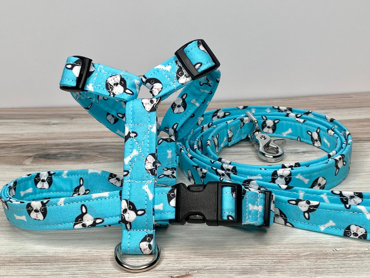 Boston terrier dog harness and leash set, standard roman dog harness, step in dog harness, boston terrier print, matching leash, adjustable washable pet harness, handmade