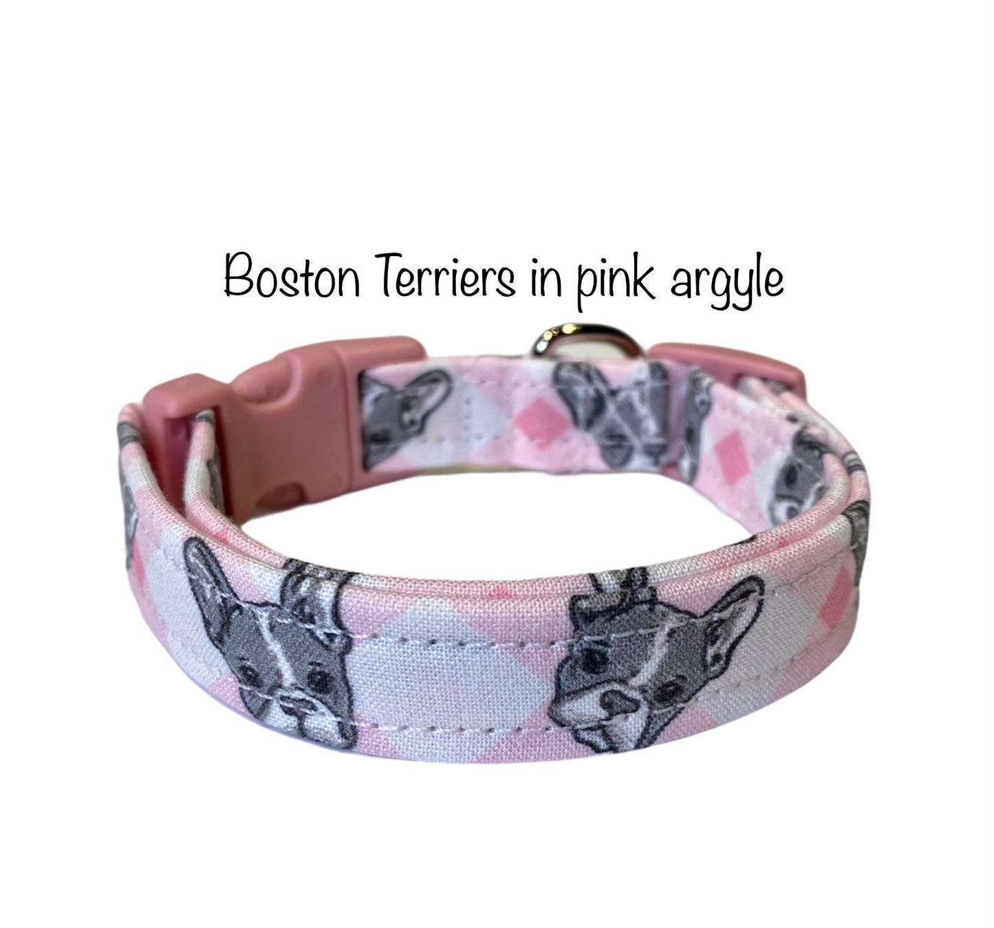 Boston terrier dog collar, girl dog collar, pink, boston terrier, side release dog collar, adjustable, washable, eco friendly, pink plaid