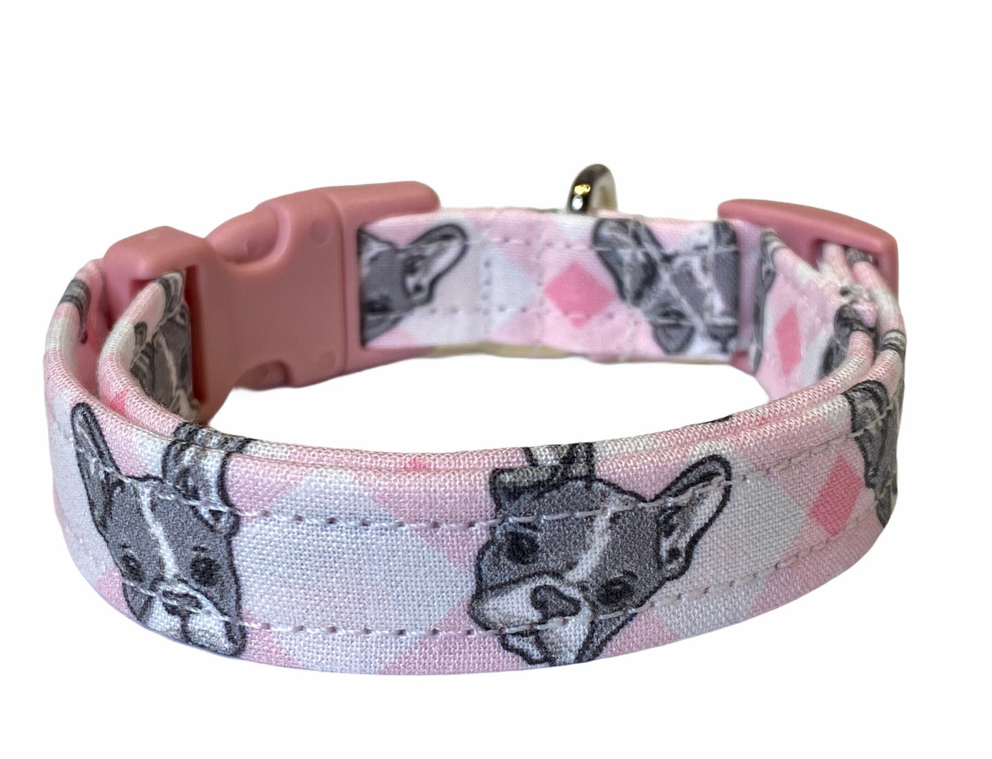 Boston terrier dog collar, girl dog collar, pink, boston terrier, side release dog collar, adjustable, washable, eco friendly, pink plaid