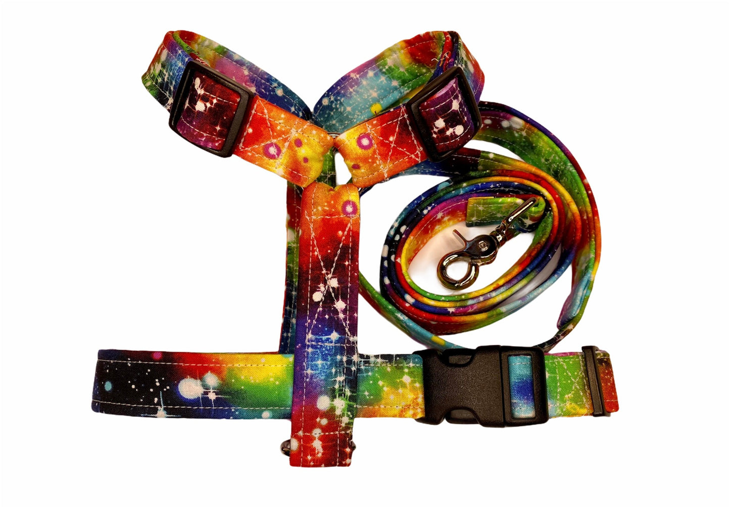 Galaxy dog harness and leash set, dog harness, rainbow galaxy, step in dog harness, standard roman harness, matching leash set, adjustable