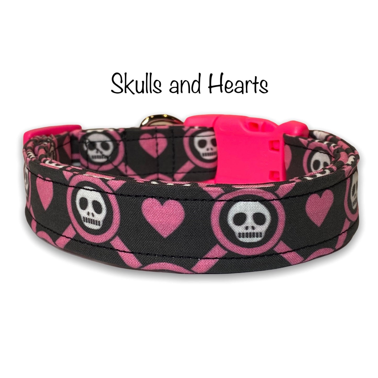 Skull dog collar, funny dog collar, skulls and hearts, eco friendly collar, washable, adjustable, wide dog collar, girly skulls, pink, black