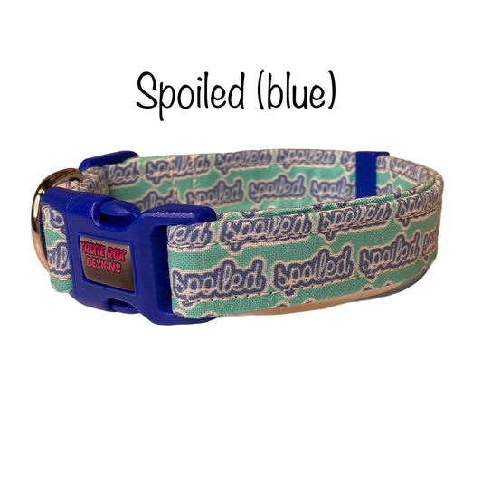 Spoiled dog collar, dog collar, funny dog collar, blue dog collar, cat collar, spoiled cat collar, spoiled, eco friendly, washable, blue