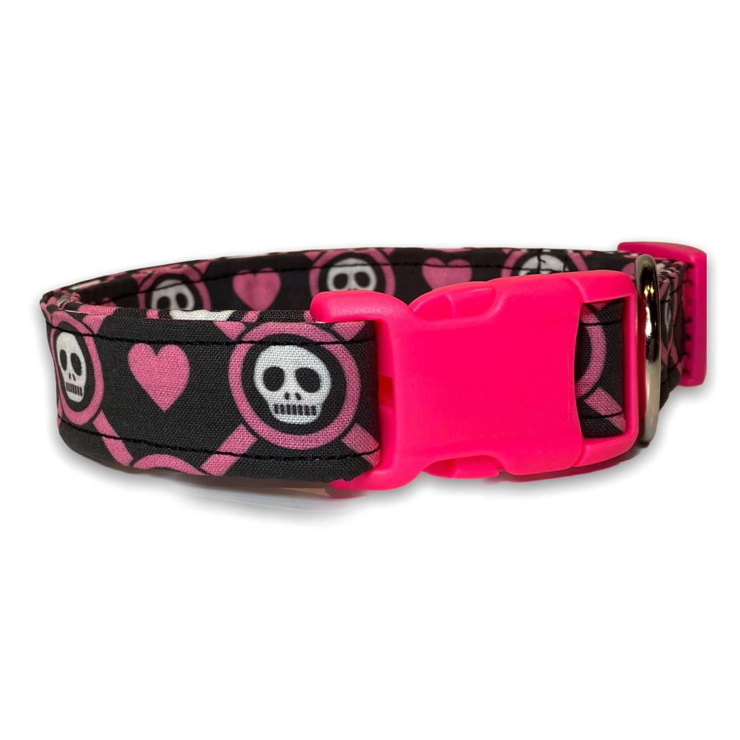 Skull dog collar, funny dog collar, skulls and hearts, eco friendly collar, washable, adjustable, wide dog collar, girly skulls, pink, black