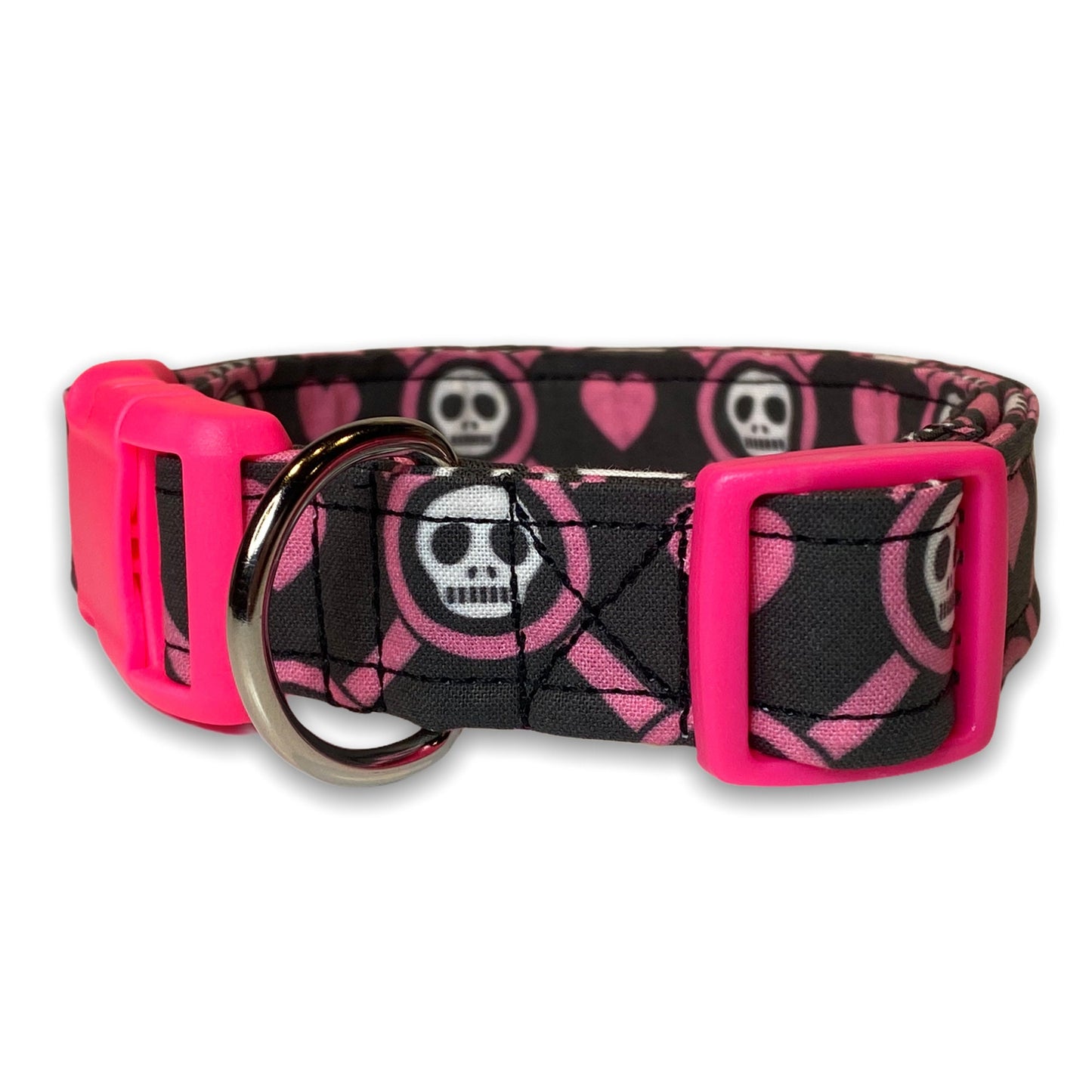 Skull dog collar, funny dog collar, skulls and hearts, eco friendly collar, washable, adjustable, wide dog collar, girly skulls, pink, black