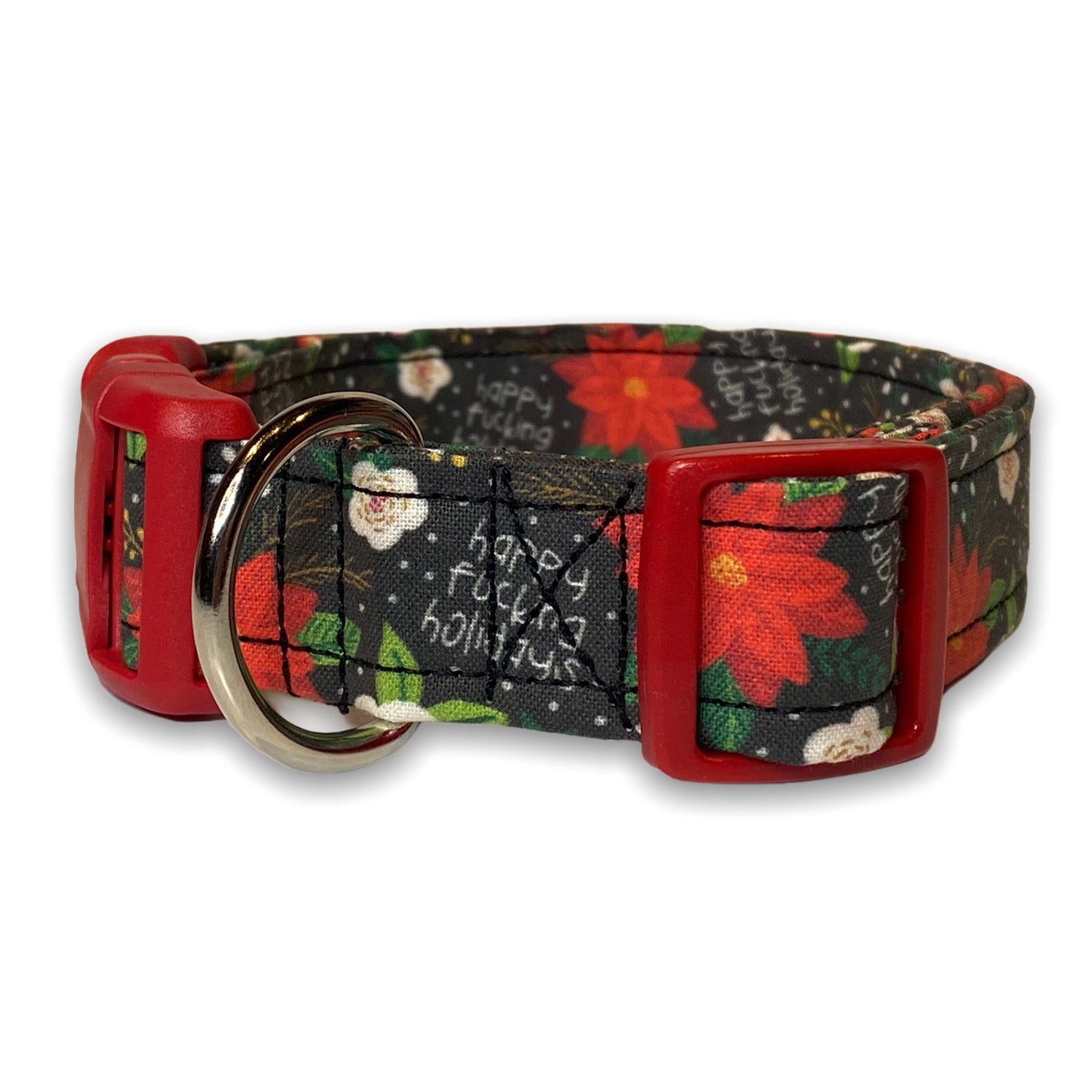 Christmas dog collar, obscene dog collar, happy fucking holidays, eco friendly collar, adjustable, washable, poinsettia, Christmas, holidays