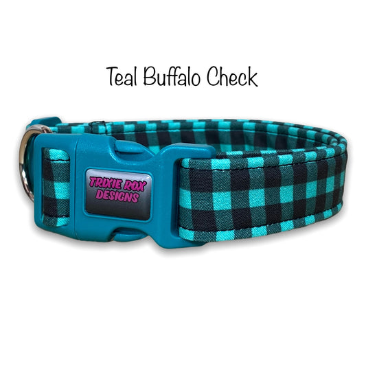 Buffalo check dog collar, teal and black buffalo check, buffalo plaid, plaid dog collar, washable, adjustable, fabric dog collar, teal