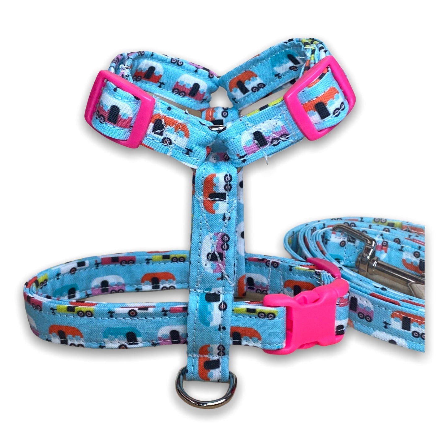 Camper dog harness and leash set, step in dog harness, standard Roman harness, tiny campers, adjustable dog harness, fabric dog harness