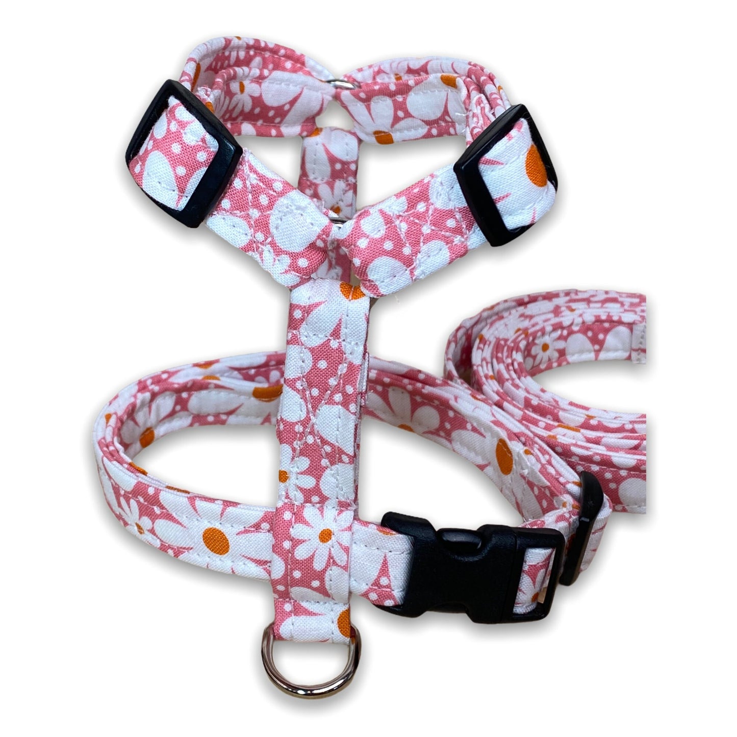 Daisy dog harness and leash set, floral dog harness, polka dots, dog harness girl, pink, step in, Roman,  adjustable, fabric dog harness