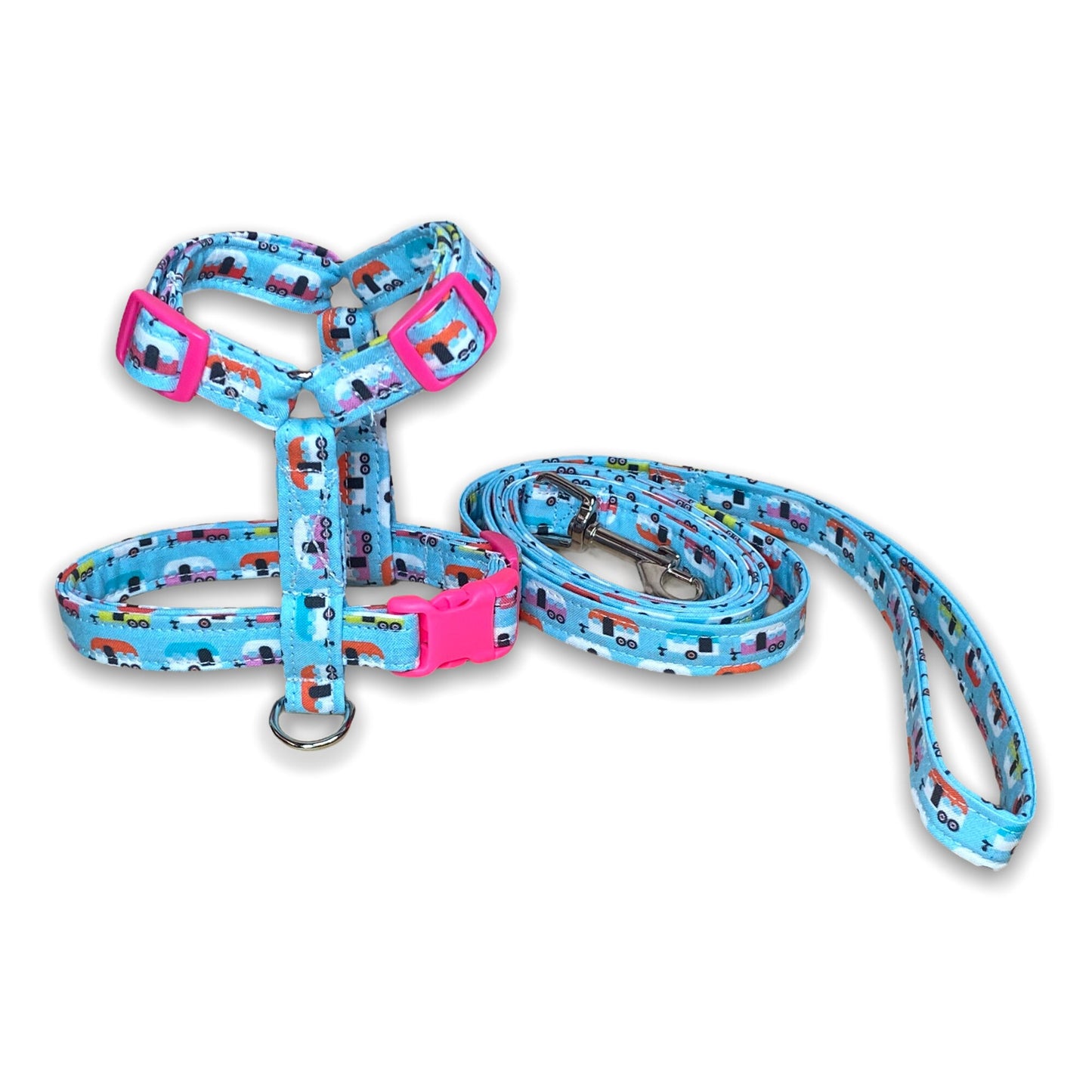 Camper dog harness and leash set, step in dog harness, standard Roman harness, tiny campers, adjustable dog harness, fabric dog harness