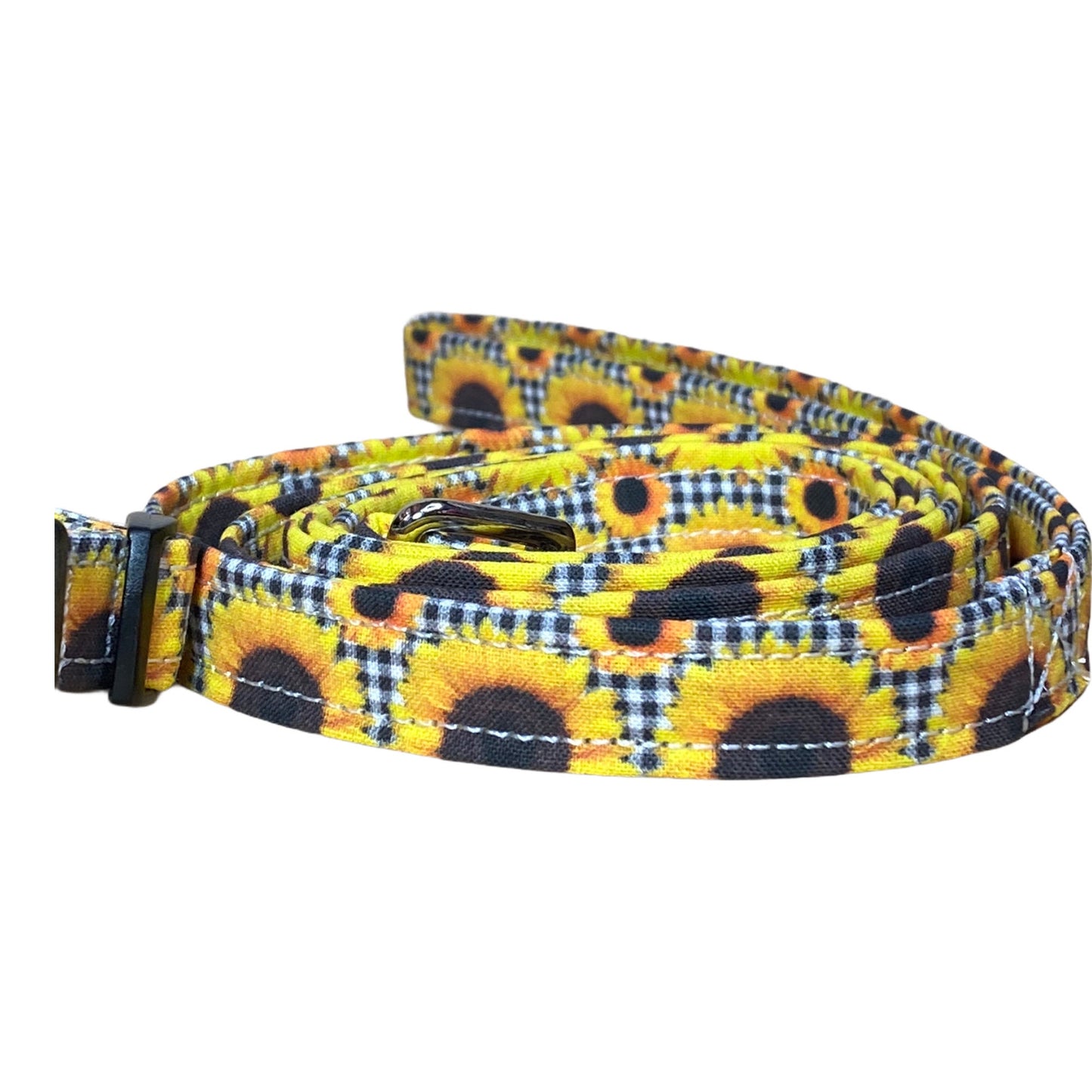 Sunflower and buffalo plaid dog harness and leash set, standard Roman harness, step in harness, adjustable, washable, fabric, sunflower, dog